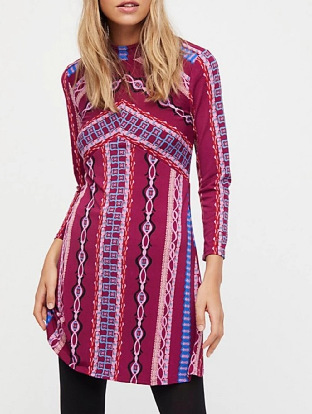 Free People Plum Multi-Stripe Long-Sleeve Shift Stella Dress Sz S